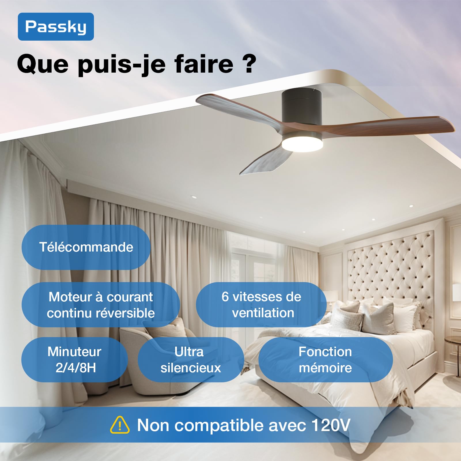 Ventilateur de plafond Passky avec éclairage et télécommande, moteur DC silencieux, 132 cm, 3 pales, noir