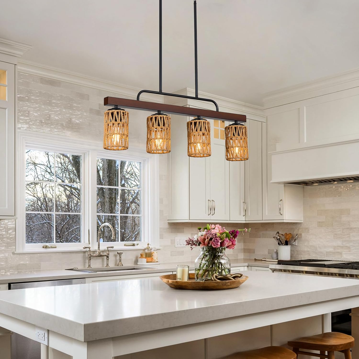 Farmhouse Dining Room Light Fixtures, 30" Rattan 4-Light Wood Kitchen Island Lights Fixture Boho Linear Chandelier Black Hanging Pendant Lighting Over Table