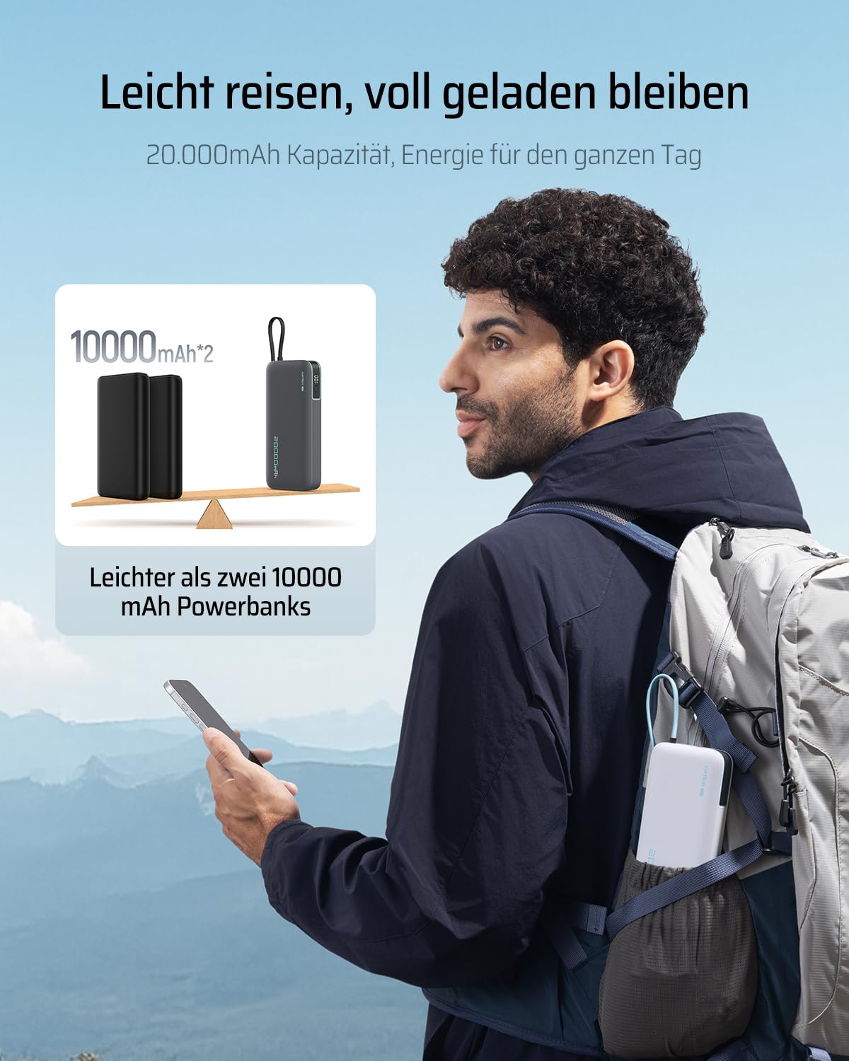 CUKTECH 20000mah Power Bank, 45W Powerbank mit Integriertem USB-C Kabel, Externe Handyakkus mit Schnellladefunktion, Externer Akku mit Digitales Display für iPhone 16/15 Pro Max, MacBook, Galaxy S25