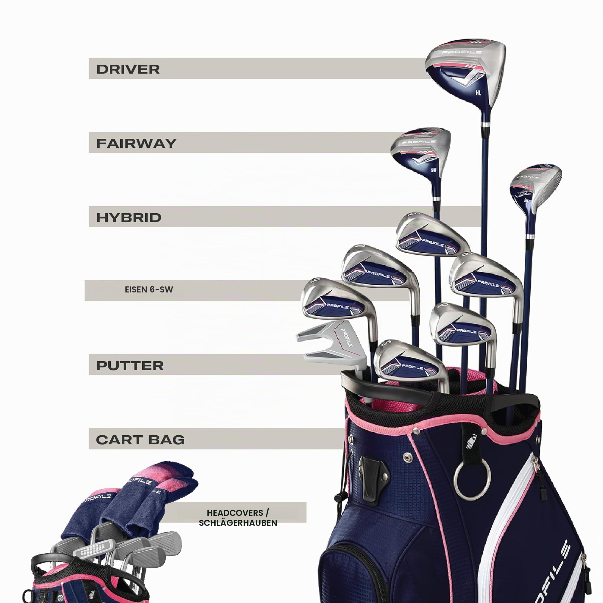 Wilson Profile Complete Golfschläger-Set, Optimiert für Distanz, Für Frauen, Linkshänder, Marine/Roségold/Silber, Standardgröße