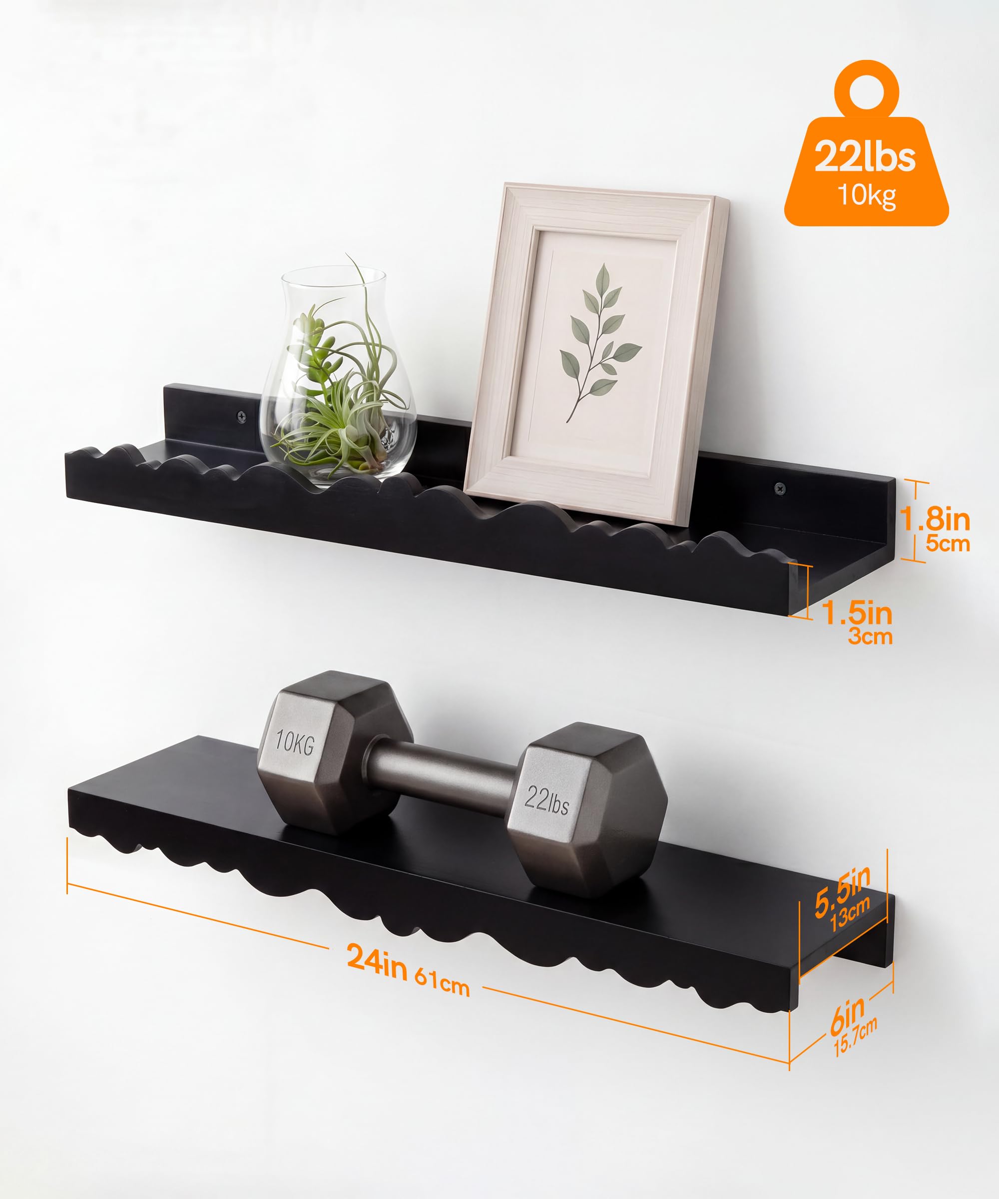 Afuly Zestaw 2 półek ściennych z czystego bambusa w kolorze naturalnym, prosty kształt, z żelaznym uchwytem, długość 60 cm, do salonu, sypialni, korytarza