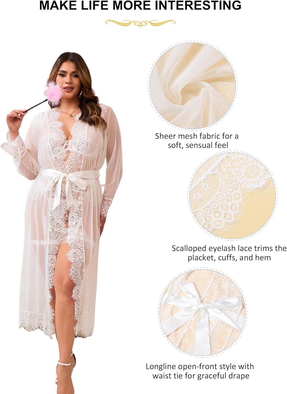 comeondear Sexy Lace Robe for Women Sheer Bridal Lingerie Plus Size Lace Nightgown Long Sleeve Robe with Belt - Image 4