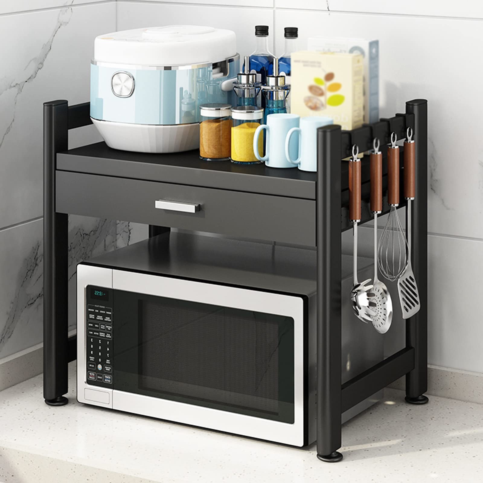 金属と木製の電子レンジラック引き抜き式引き出し付き Amazon｜金属製電子レンジラック、 レンジ台 キッチン収納棚