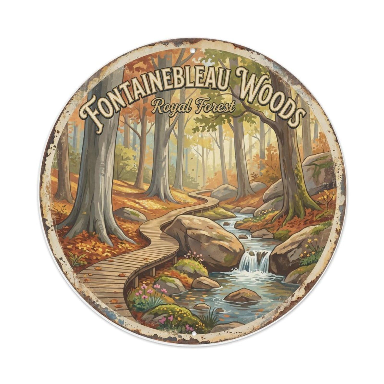 Vintage Travel Fontainebleau Forest France Woodland Metal Tin Sign