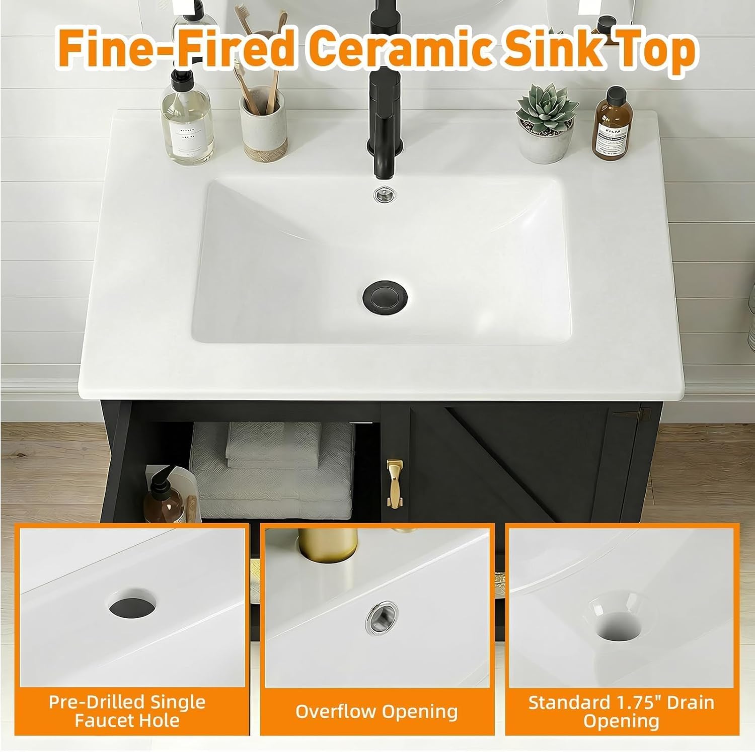30" Bathroom Vanity with Sink, Black Freestanding Vanity for Small Bathrooms, Solid Metal Hinges, Door Organizer, RGB LED Light, Plumbing Clearance Shelf