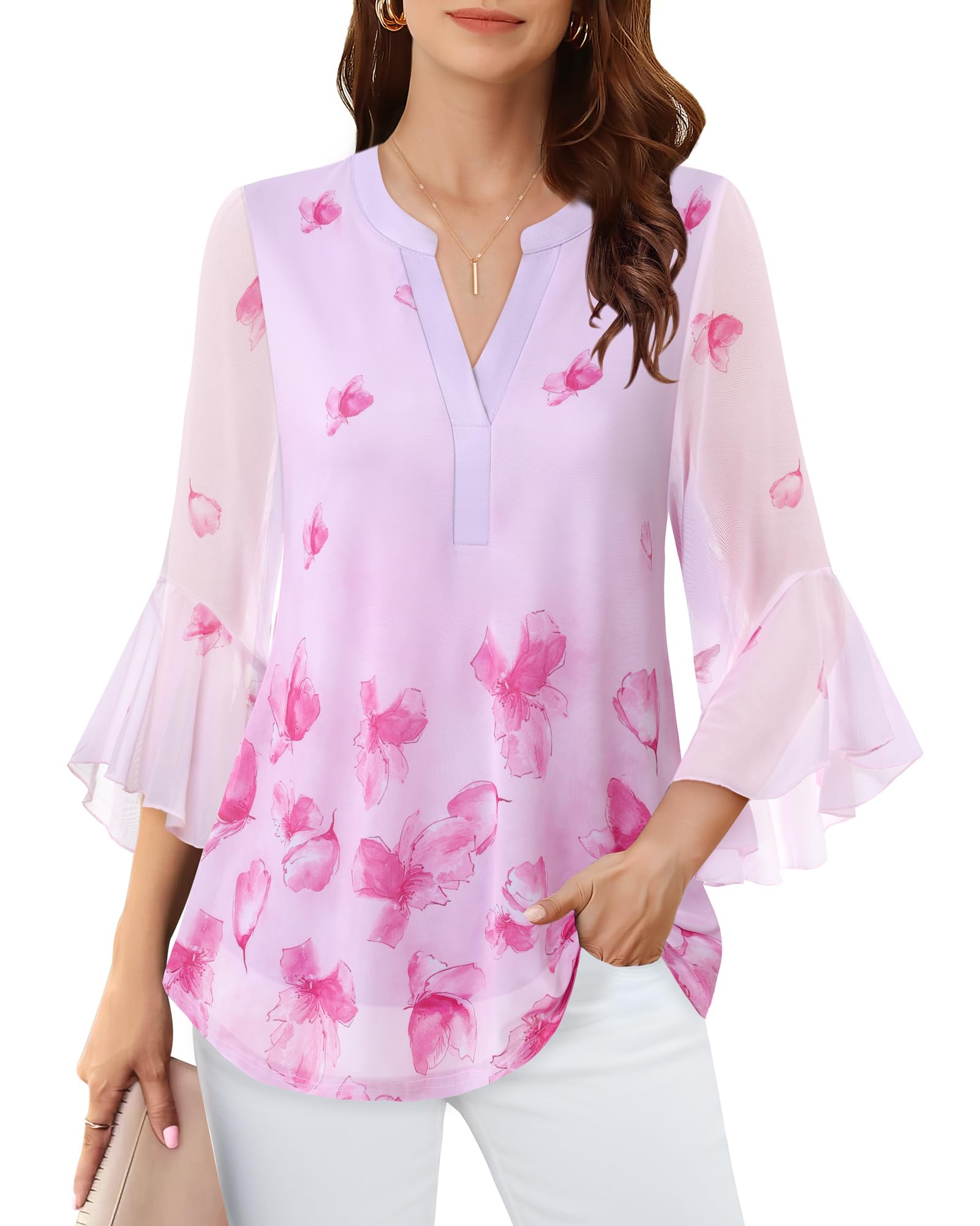 Lotusmile Women's 3/4 Sleeve Dressy Tops Elegant V Neck Blouse for Women Casual Work Evening Party