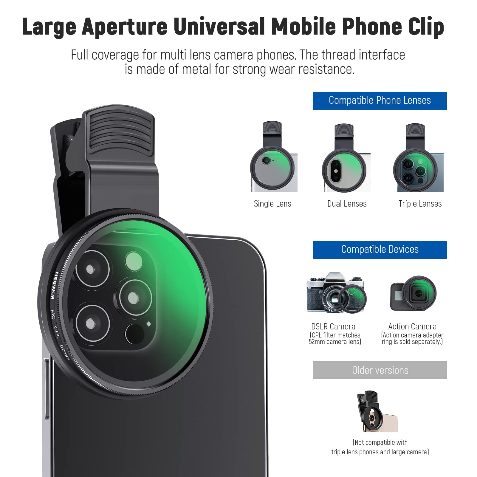 NEEWER Filtr CPL 52 mm do telefonu, klips na okrągły filtr polaryzacyjny z klipsem do telefonu, etui do przechowywania i ściereczka do czyszczenia, kompatybilny z iPhone Samsung Galaxy Android DSLR