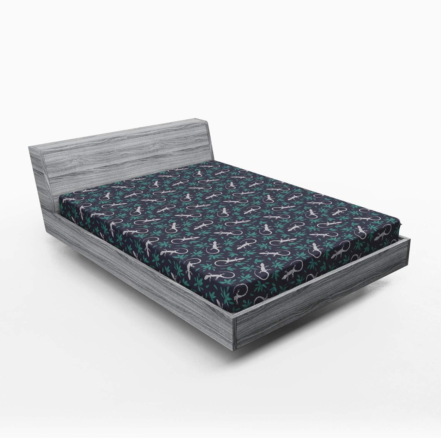 Ambesonne Gecko Fitted Sheet, Hand Drawn Reptiles with Bohemian Motif and Foliage Leaves Pattern, Soft Decorative Fabric Bedding All-Round Elastic Pocket, Queen Size, Aqua Grey