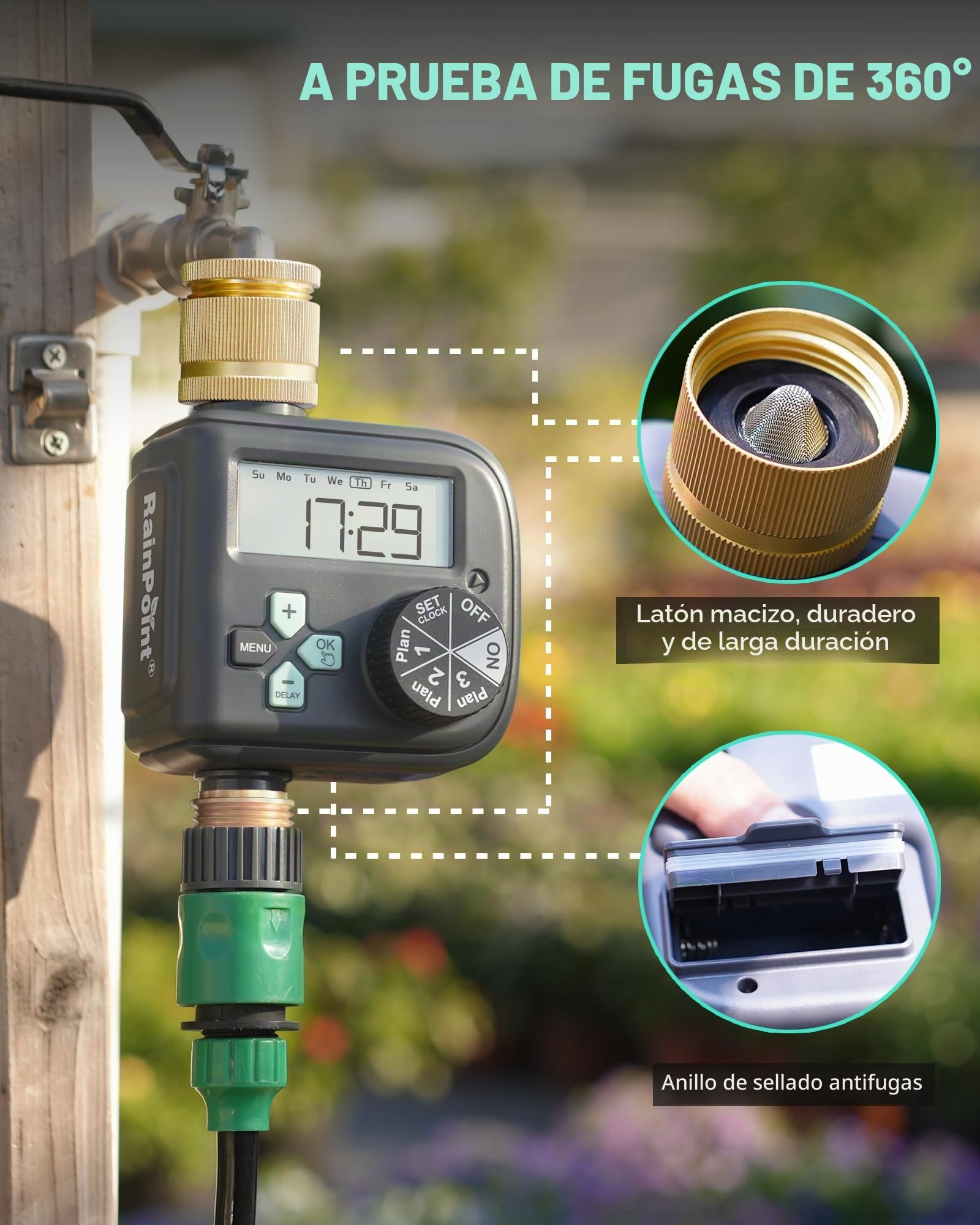 RAINPOINT Programador Riego Automatico con Entrada y Salida de Latón, Temporizador Riego con 3 Horarios, Programable por Semana/Intervalo de Horas y Días, Programador de Riego para Jardín, Césped