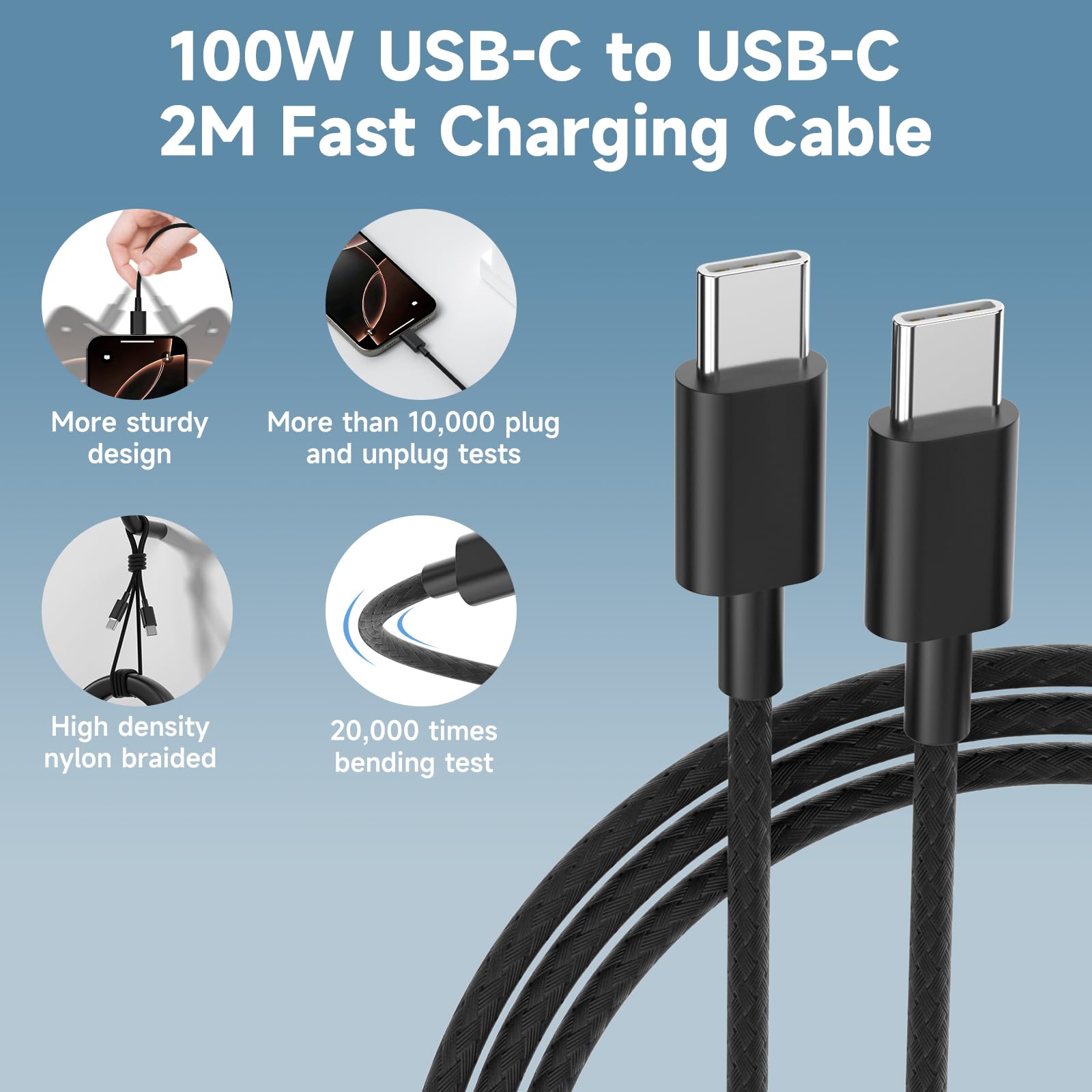 Caricabatterie da 45W per Samsang S24 Ultra, caricatore rapido USB C con 2m 100W cavo intrecciato compatibile con Samsang Galaxy S25/S24/S23/S22/S21 Ultra, per iPhone 15/16, Pad, MacB00k (nero)