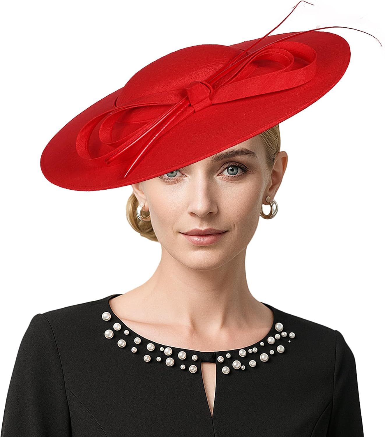 Wide Brim Church Hat for Women - Kentucky Fascinator with Bow Feather,Bridal Wedding Tea Party Derby Formal Flat Top Hats