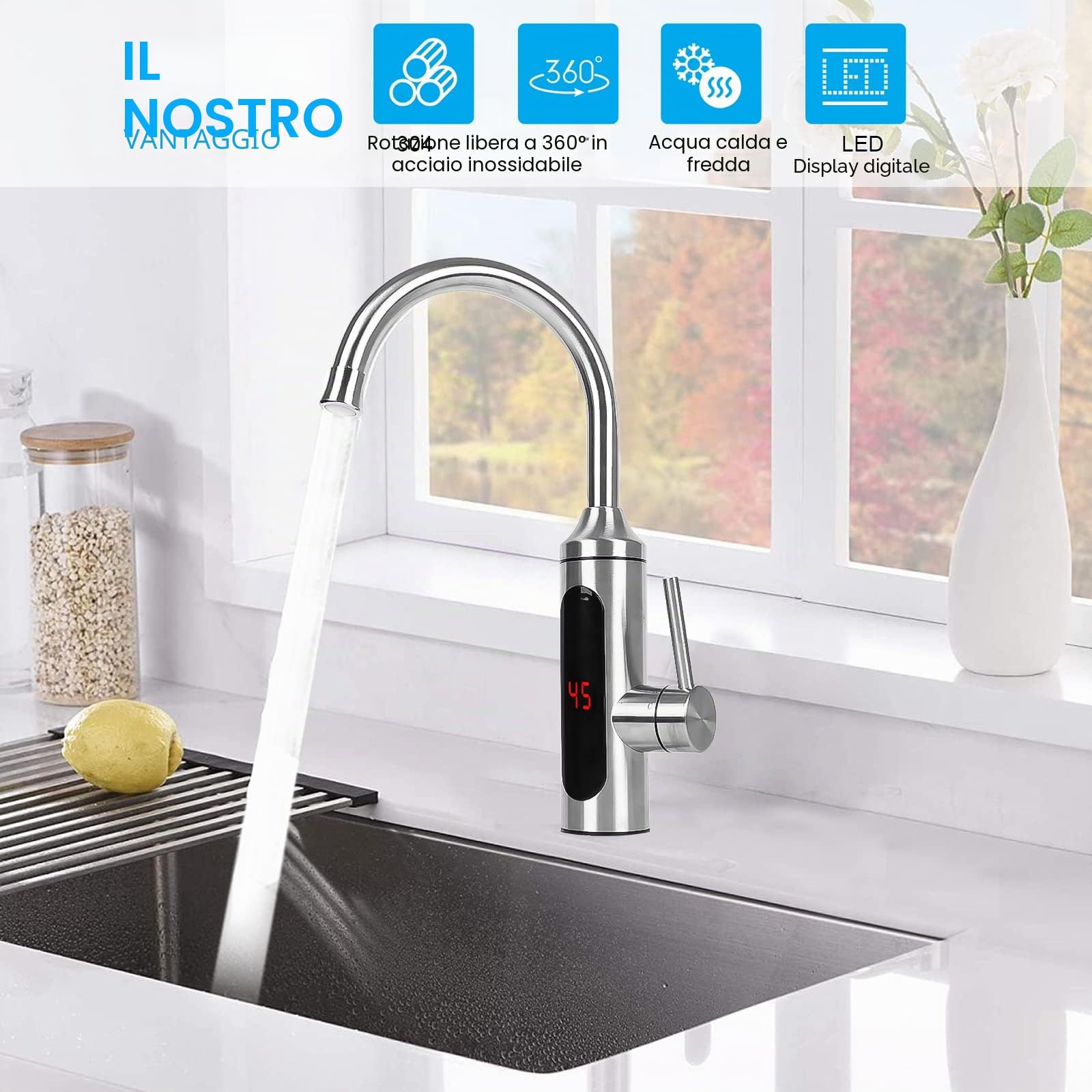 Rubinetto elettrico con scaldabagno istantaneo (230 V, display LCD, rotazione a 360°, con scaldabagno istantaneo per cucina)