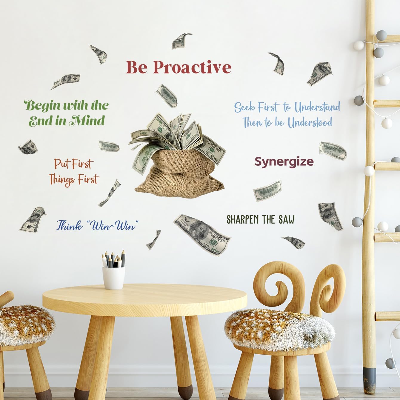 2Sheets Creative Money Bag Filled Dollars Object Wall Decal Removable DIY Inspirational Quotes Wall Decals Vinyl Peel and Stick Money Wallpaper for Girls Boys Bedroom Living Room Bathroom Decor