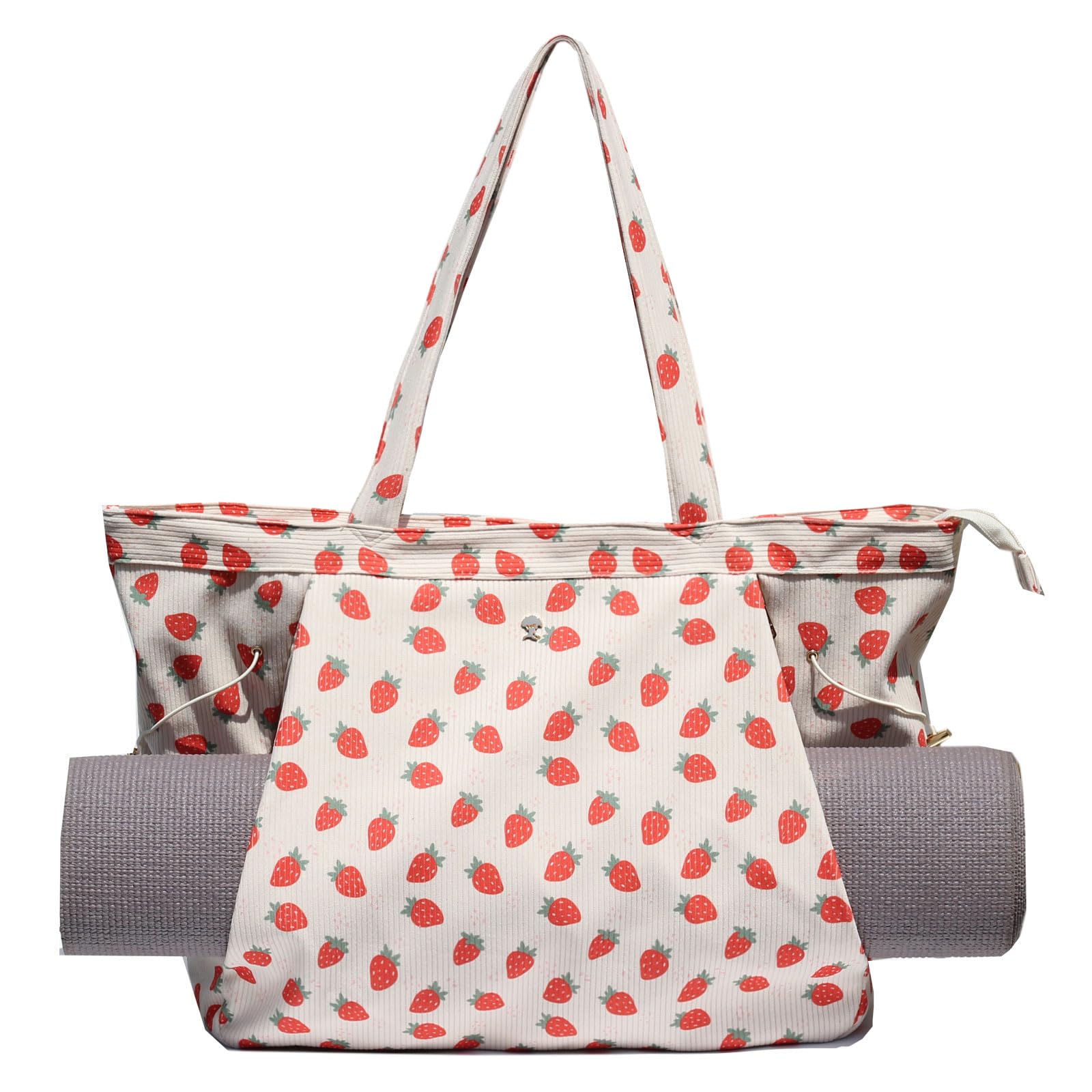 ESVAN Yoga Tote Bag for Women Shoulder Bags Drawstring for Office Workout Travel Carryall Pilates Gym and Beach (Corduroy Red strawberry)