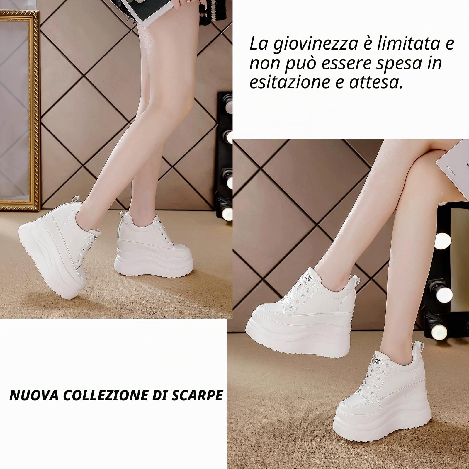 AONETIGER Sneakers Zeppa Donna Pelle Leggere Tacco Interno 13 CM Gr.34-40EU | Lacci Wedges Sportive | Moda Casual Comode Antiscivolo | ideali per fitness, Tutti i giorni, Ufficio e Tempo libero