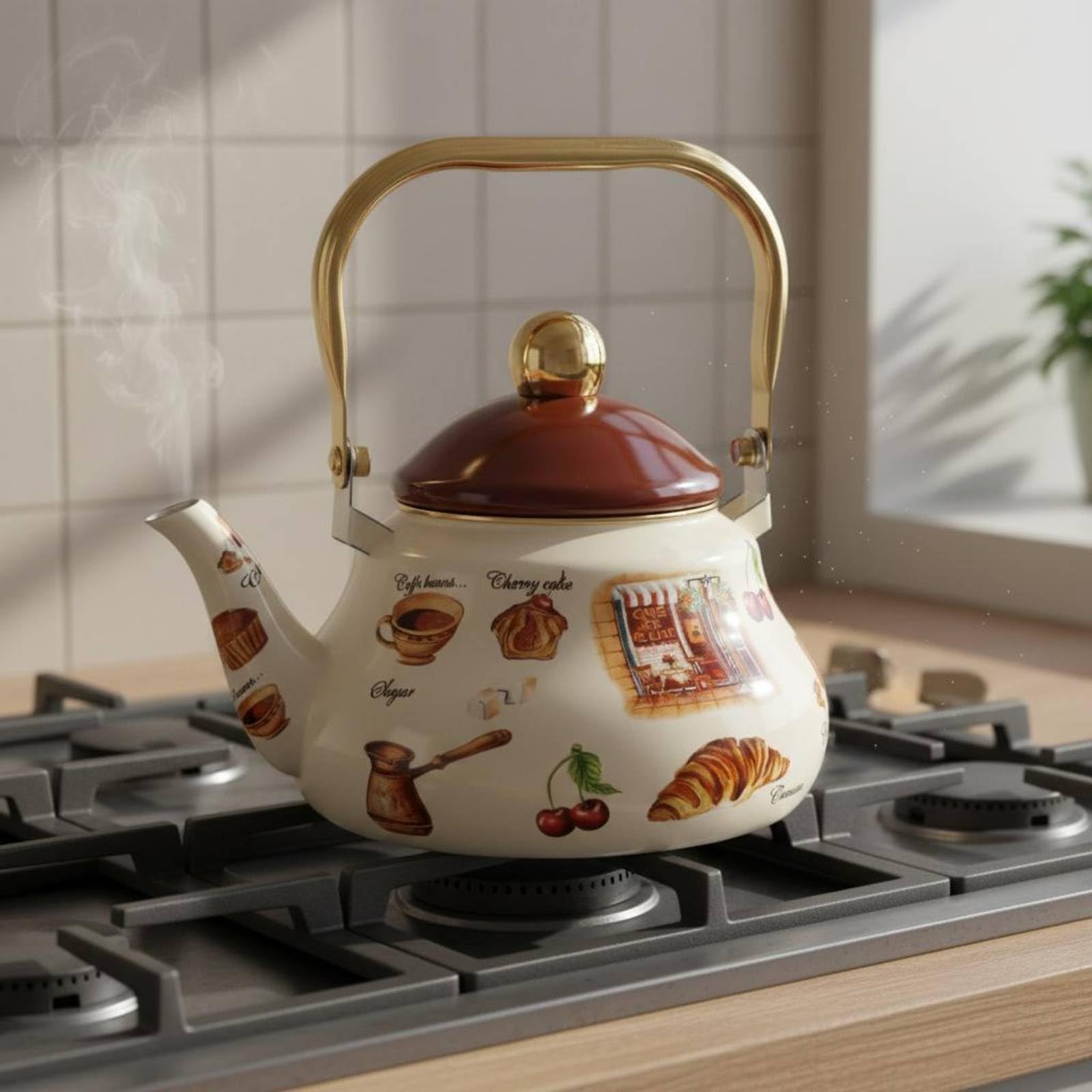 Emaillierte Teekanne leicht zu reinigen -weißer Teekanne leichte Reinigung Emaille- für Teestunde, Küche, 1.5L, Amerikanischer Retro-Stil, Kaffeemotive