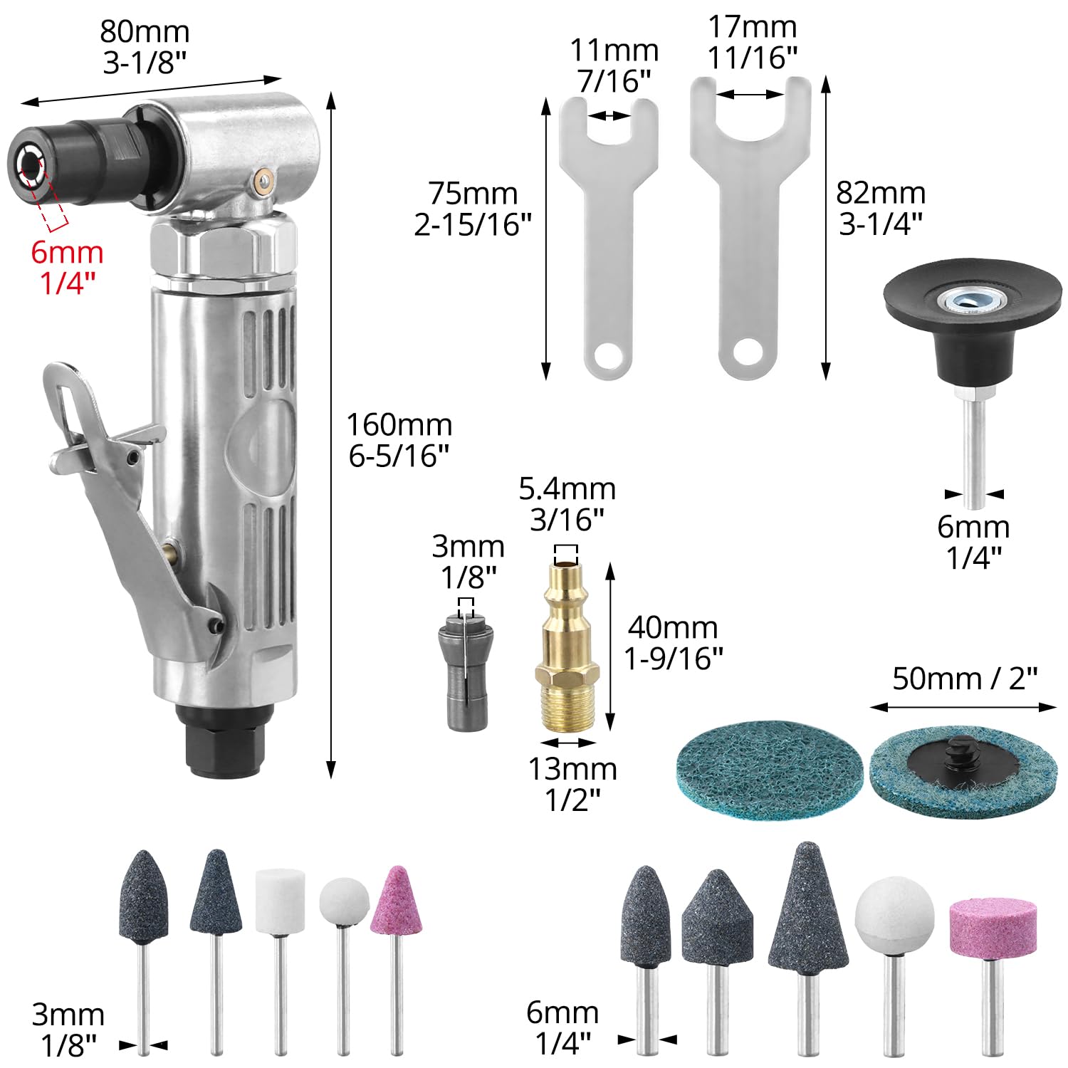 QWORK® persluchtslijpmachine 90° haakse slijper met 50 mm slijpschijven