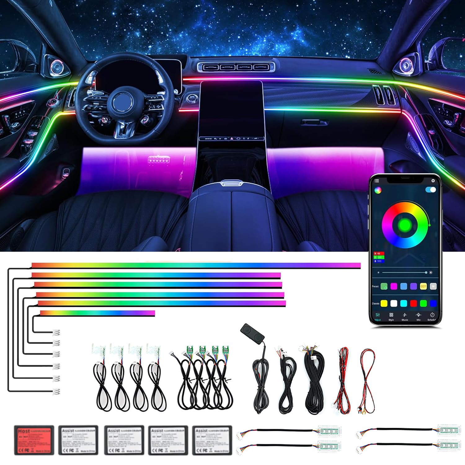 Acryl-Innenraumbeleuchtungsset für Autos,Bphuny 18-in-1 593 LEDs,Glasfaser,mehrere Modi,Dekorations-Atmosphärenlichter mit Musik,dynamischem Regenbogenrhythmus,RGB-Neonlichter für alle Autos