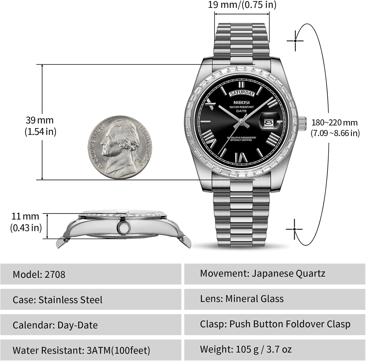 NIBOSI Men's Watches Analog Quartz Diamond Bezel Stainless Steel Dial Rose Gold Silver Watches for Men Waterproof Business Classic Dress Wrist Watch with Day Date - Image 3