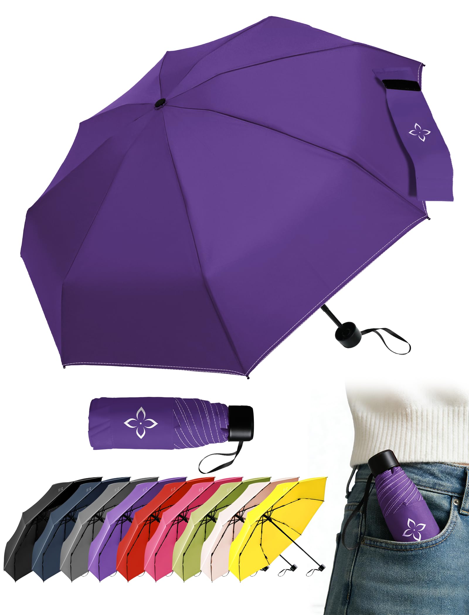 LILAC Mini Regenschirm Windfest & Kompakt, 106cm Taschenschirm Manuell für Damen Herren & Kinder, Kleiner Reiseschirm mit Reflektor-Naht & Karabiner, Leicht & Stabil