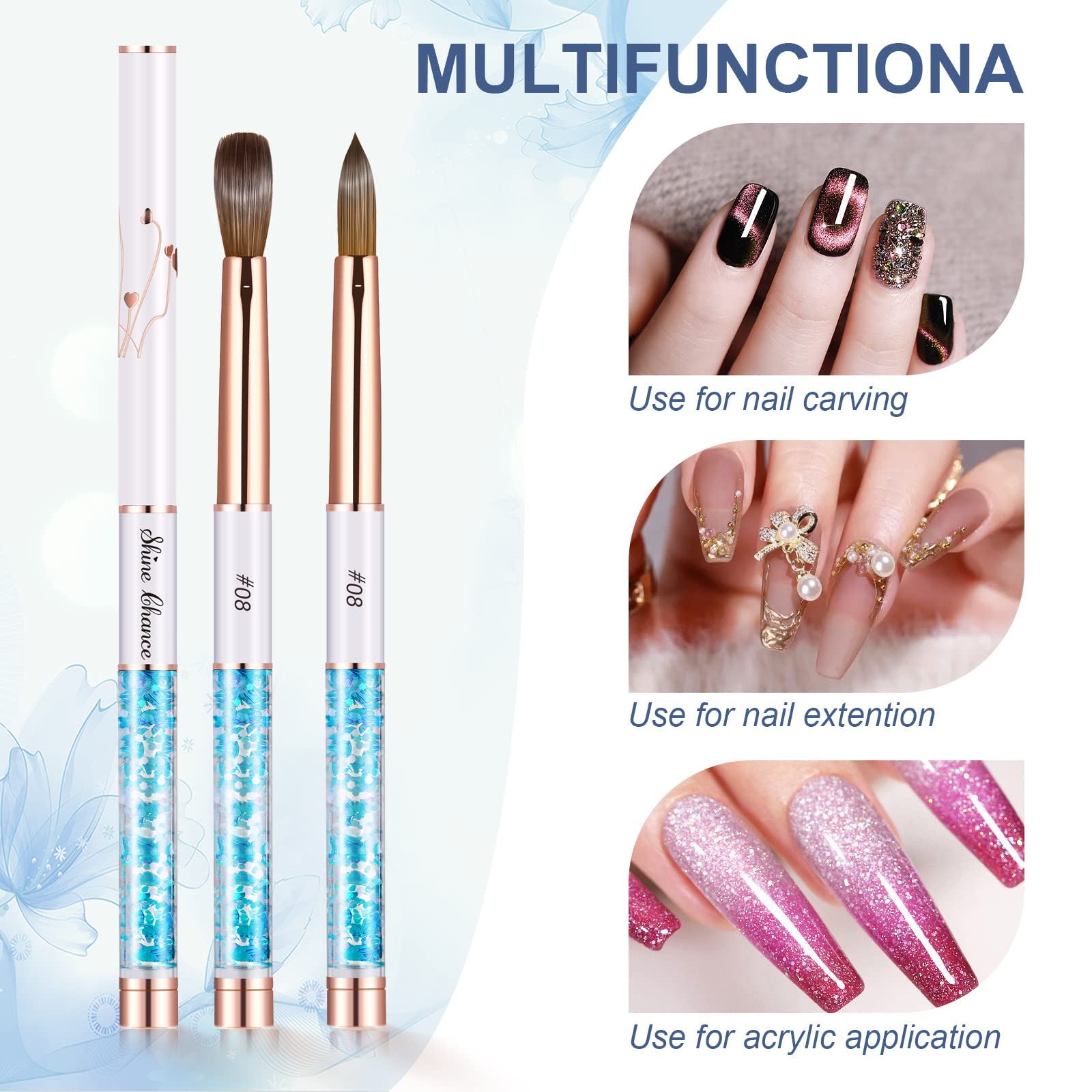 Shine Chance Acrylic Nail Brush Size 8, 100% Real Kolinsky Art Nail Brush for Acrylic Powder Application, Handmade Women Manicure Nail Extension Tool for Professional DIY Home Salon and Beginners