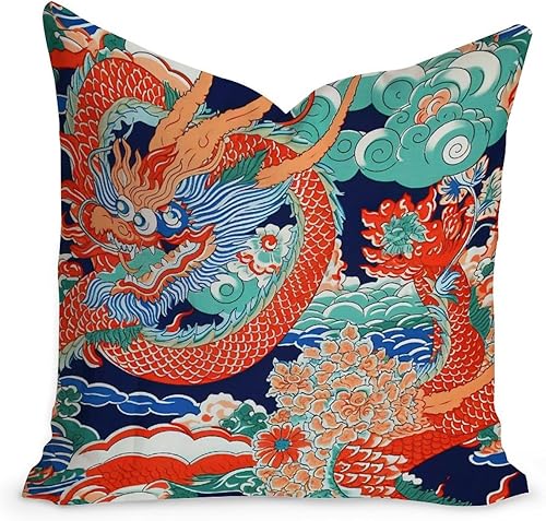 MangGou Funda de cojín tradicional china china para sofá, color azul, verde azulado, índigo, dragón asiático, dragón, naranja, aguamarina, turquesa, disponible en Yaxa Peru