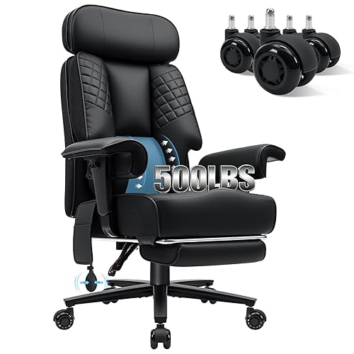 HOFFREE Big and Tall Office Chair 500lbs for Heavy People Executive Office Desk Chair with Wide Seat PU Leather Computer Chair with Adjustable Lumbar Support Black - Black-leather