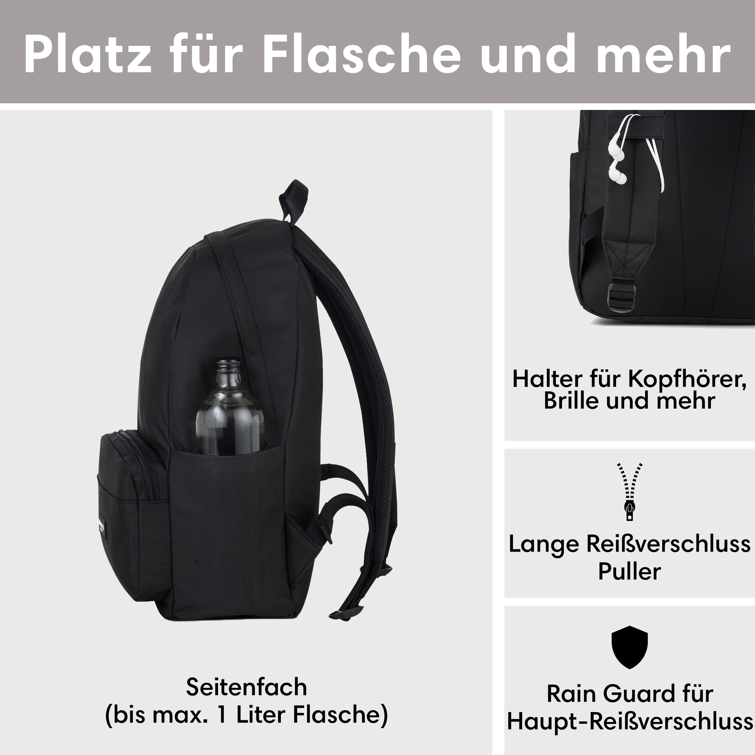 LARKSON Schulrucksack Mädchen Jungen Teenager Schwarz 16" Laptopfach Polyester Wasserabweisend