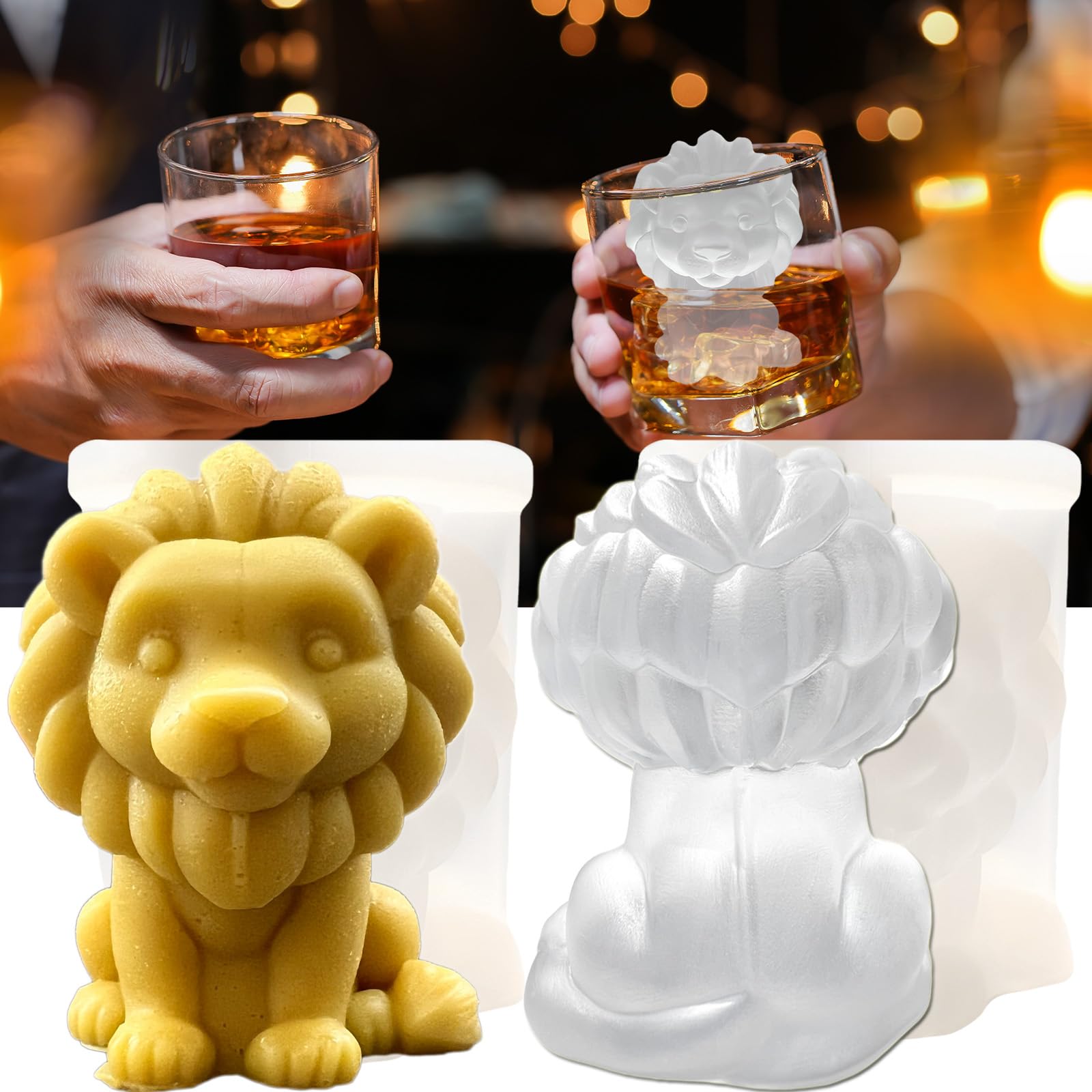 3D Lion Ice Cube Silicone Molds Tray for Whiskey, Cocktail, Drink, Bar; Rich Details. Fun Animal Mold for DIY Craft Taba Squishy Chocolate Soap Candle Resin Gift for Women Girls Boys; 2 Pack