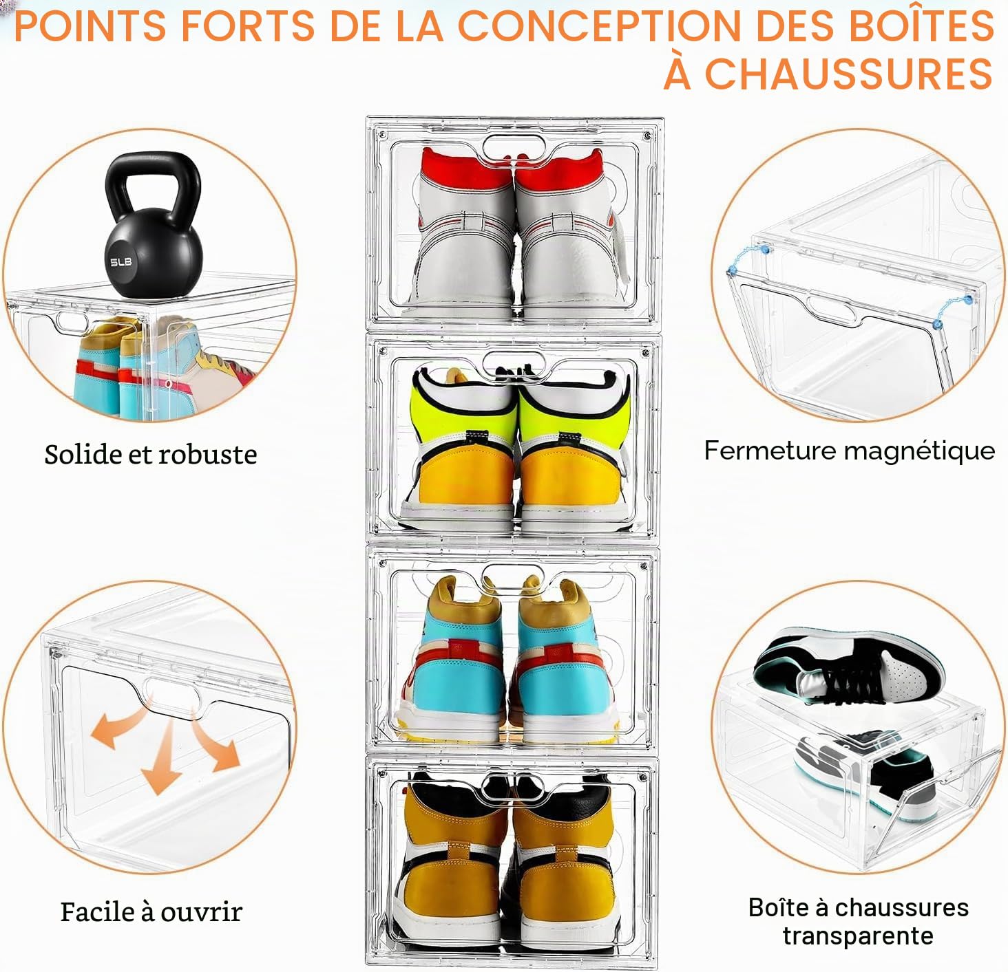 INSTY Lot de 6 grandes boîtes à chaussures en plastique, empilables, porte magnétique, facile à assembler, pour chaussures de pointure 46, transparente
