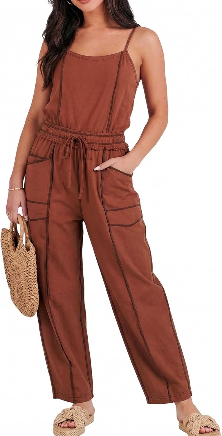 UANEO Women's Jumpsuit Adjustable Spaghetti Straps Summer Overalls Barrel Wide Leg Drawstring Rompers One Piece with Pockets