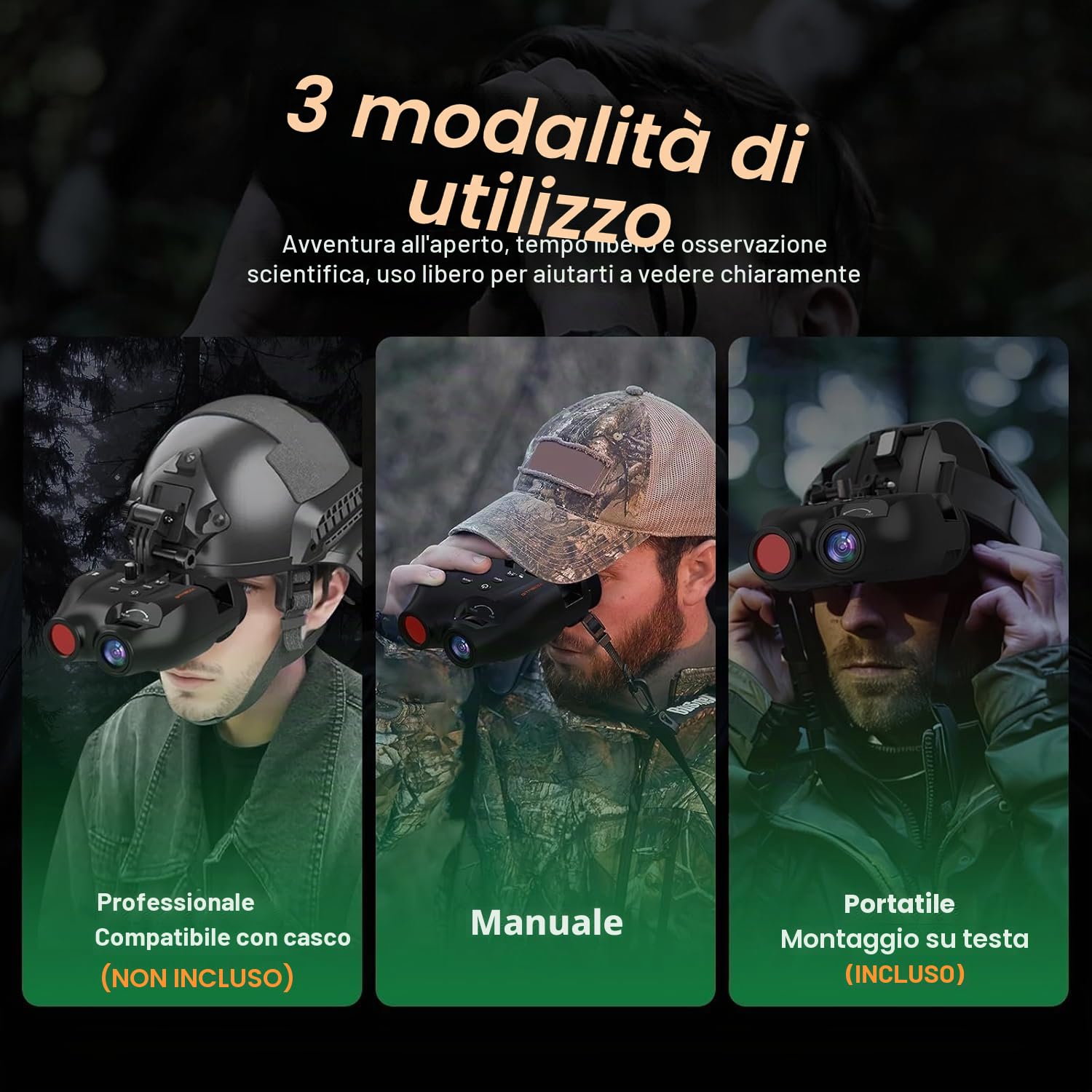 Occhiali per visione notturna, binocolo per visione notturna, visione notturna a mani libere, visione digitale a infrarossi, acquisizione di foto e video per softair, caccia, con scheda TF da 32 GB
