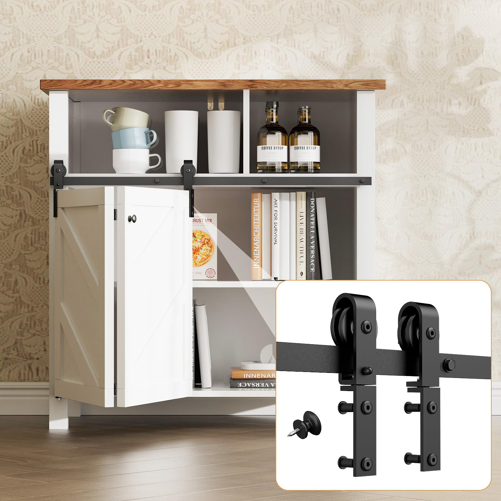 Upgraded 3.5FT Mini Folding Sliding Barn Door Hardware Kit for 2 Doors,Easy Install,Small Cabinet Barn Door Hardware Track Kit for TV Stand, Cupboards, Storage Cabinets(No Cabinet)