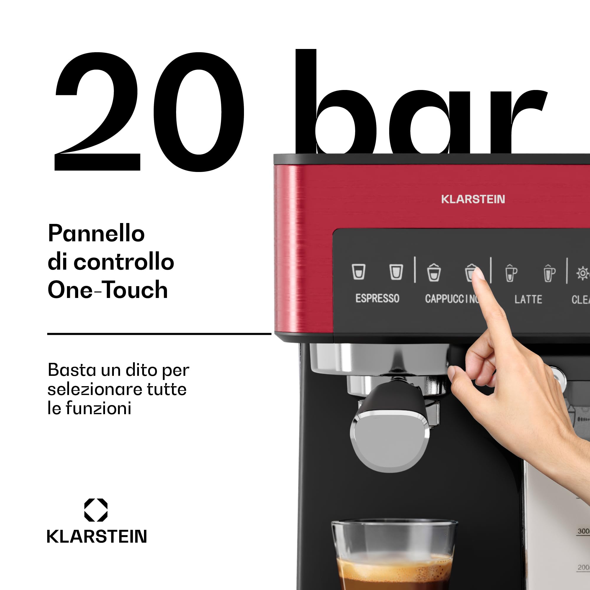 KLARSTEIN Arabica Comfort Macchina per Caffè – 20 Bar, 1350W, con Montalatte, Compatibile con Caffè Macinato & Cialde, Serbatoio 1,8L, Pannello Touch, Serbatoio Latte Rimovibile