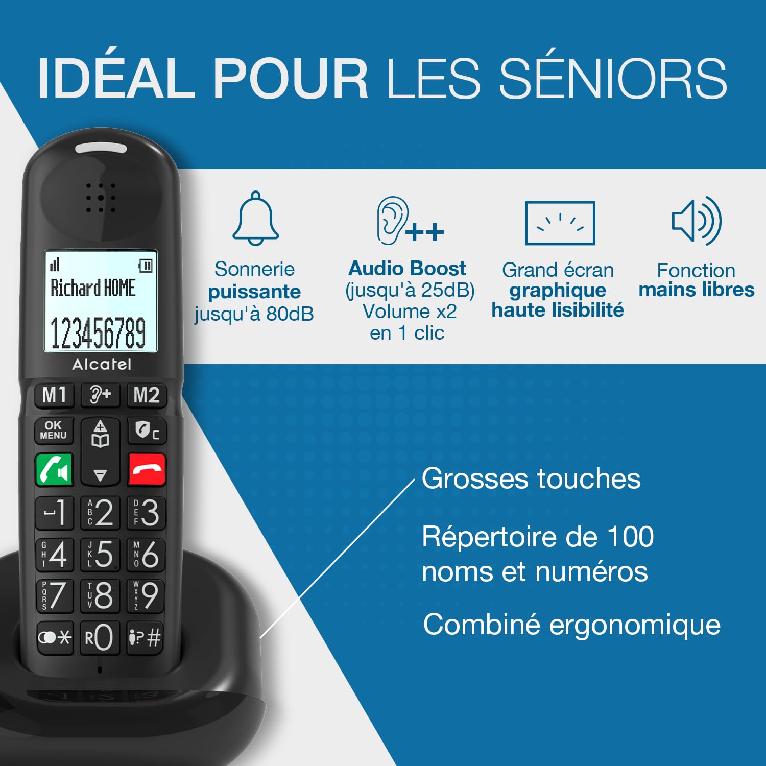 ALCATEL XL685 - Téléphone Fixe sans Fil DECT Senior Format XL - Écran Graphique Haute lisibilité - Grandes Touches - Audio Boost - Mains Libres - Blocage des Appels - Noir