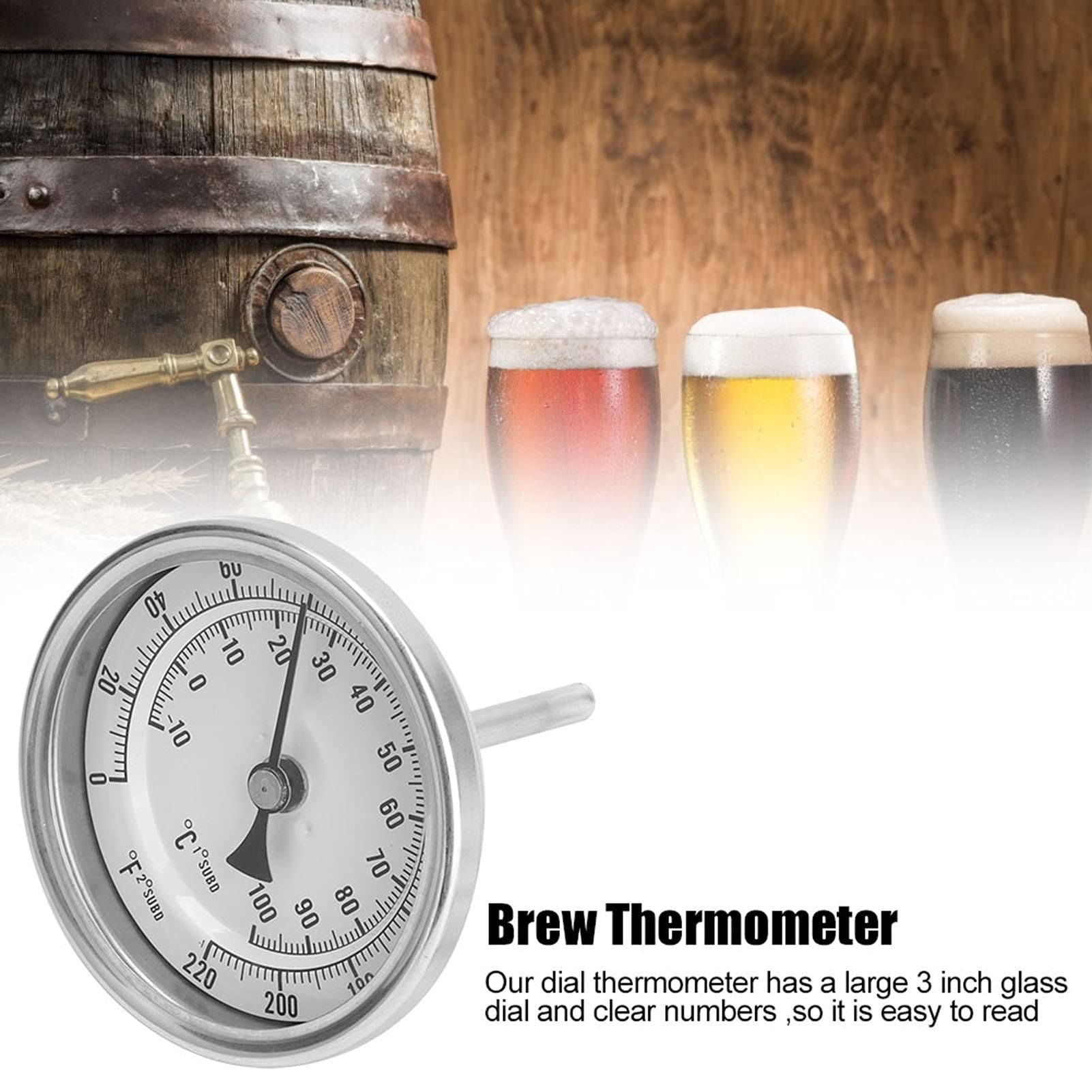 Brewing Thermometer for Home Brewing, Weldless Bi metal Thermometer Kit, NPT 1/2 Brewing Dial Thermometer, 3 Inch Large Dial Thermometer for Homebrew Beer and Wine
