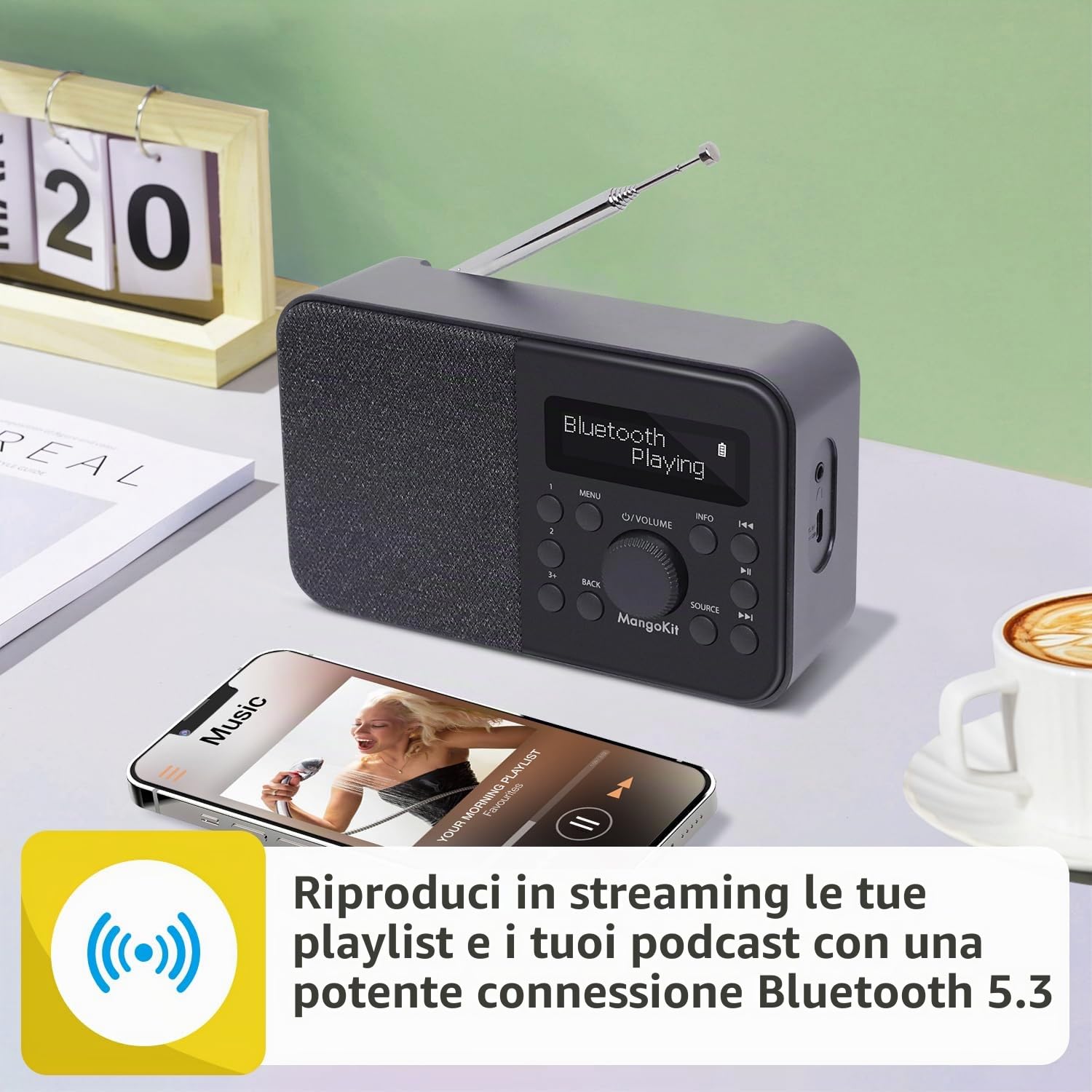 PR2S Radio Digitale DAB,DAB+ e Radio FM da cucina,altoparlante Bluetooth,Personale con Display,sveglia e orologio,40 stazioni preimpostate,cuffie, Batterie e Alimentazione a rete-Nero