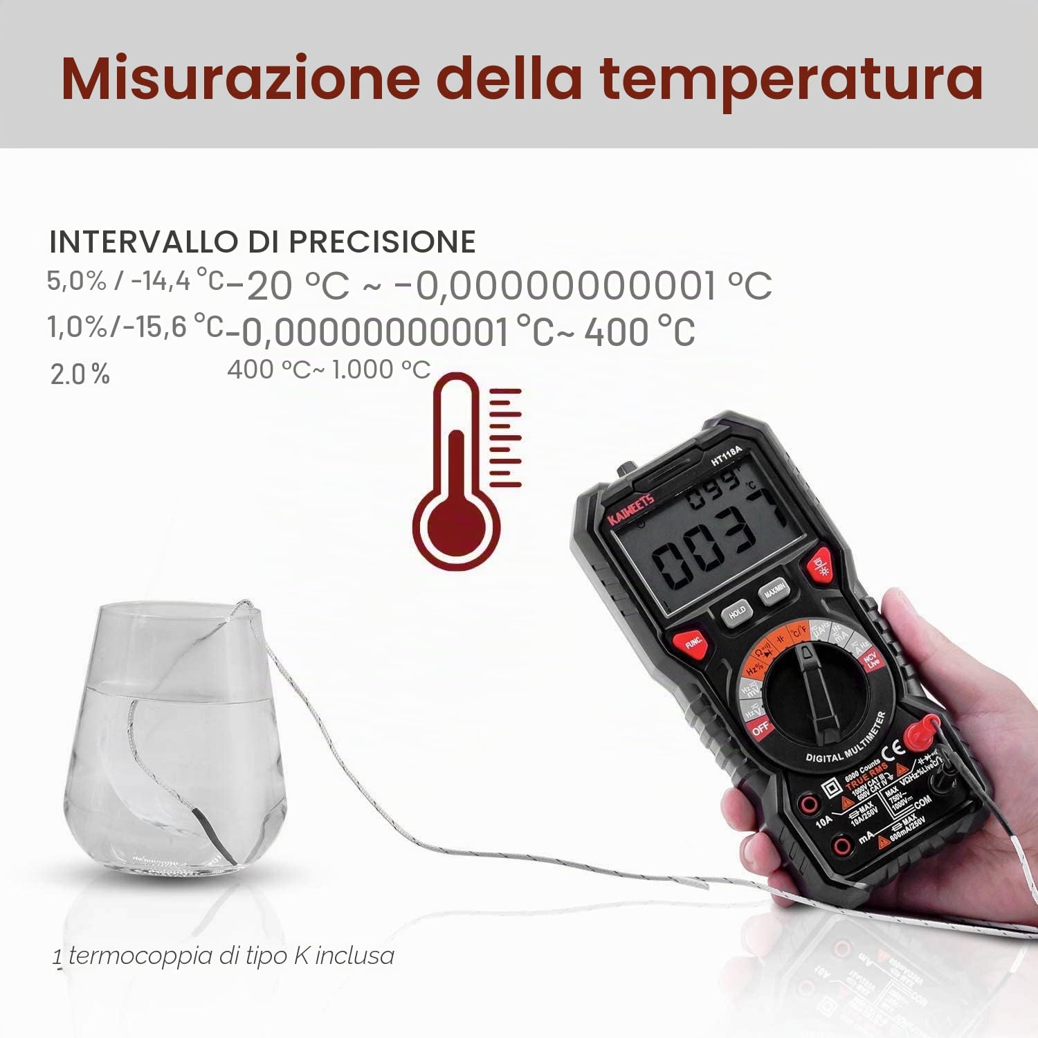 Multimetro digitale professionale automatico, TRMS 6000 Conti (prompt jack LED), Tester Elettrico, Tensione / Corrente / Resistenza / Capacità / Temperatura / Frequenza - KAIWEETS