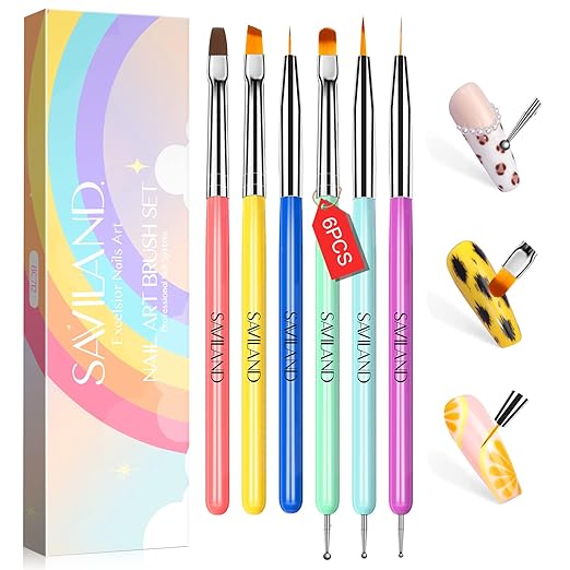 SAVILAND 6PCS Nail Art Brushes Set – Multifunctional Nail Brushes for Nail Art Nail Design Brush Gel Nail Brush for Nail Extension Nail Art Liner Brush 3 Sizes Dotting Tools for DIY