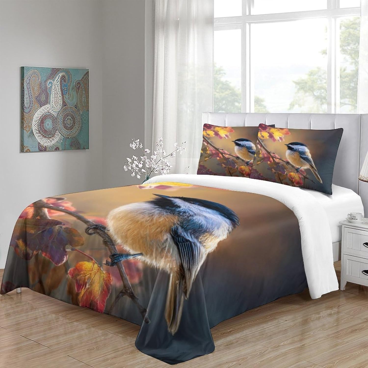 Pościel z motywem ptaków, 220 x 240 cm, nadruk 3D, świat zwierząt, poszewka na kołdrę z miękkiej mikrofibry, zestaw 3-częściowy, poszwa na kołdrę z zamkiem błyskawicznym i 2 poszewki na poduszkę 80 x