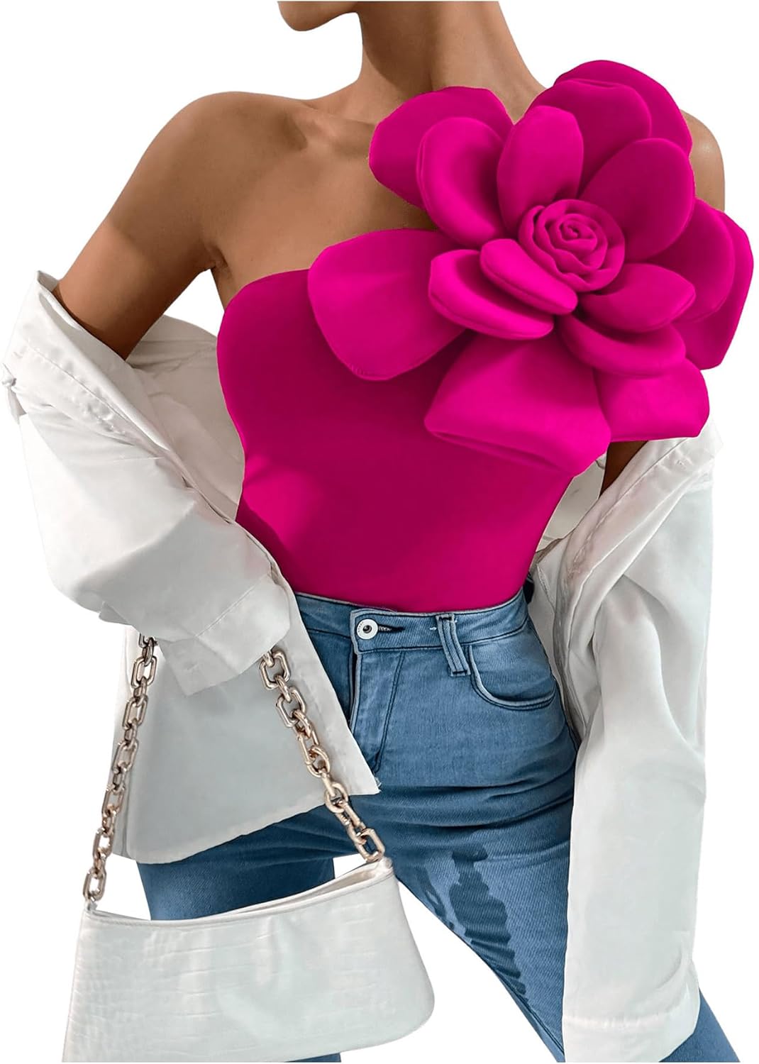 SHENHE Women's 3D Flower Top One Shoulder Sleeveless Slim Fit Elegant Rosette Top Blouse