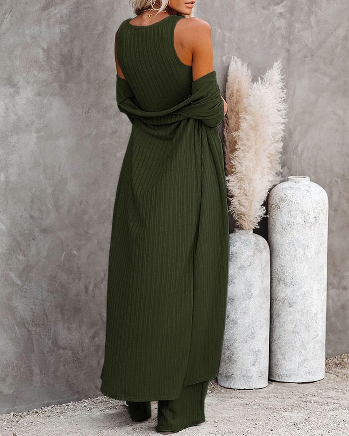 Fessceruna Womens 3 Piece Lounge Sets Pajamas Knit Long Sleeve Cardigan Crop Top Wide Leg Pants Loungewear Set - Image 4