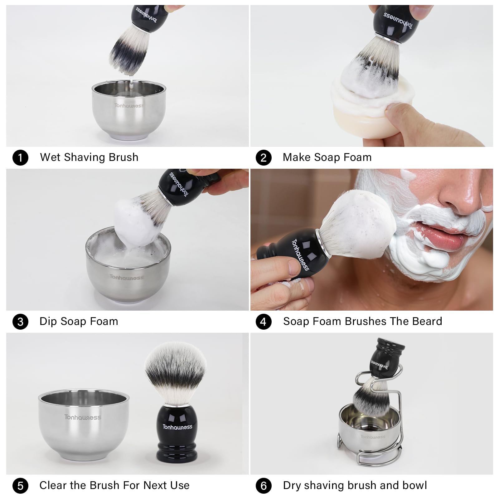 Kit per pennello da barba per uomo, set da barba 3 in 1 include pennello con setole in nylon, ciotola da barba in acciaio inossidabile a 3 strati e supporto per la rasatura con modellazione integrata