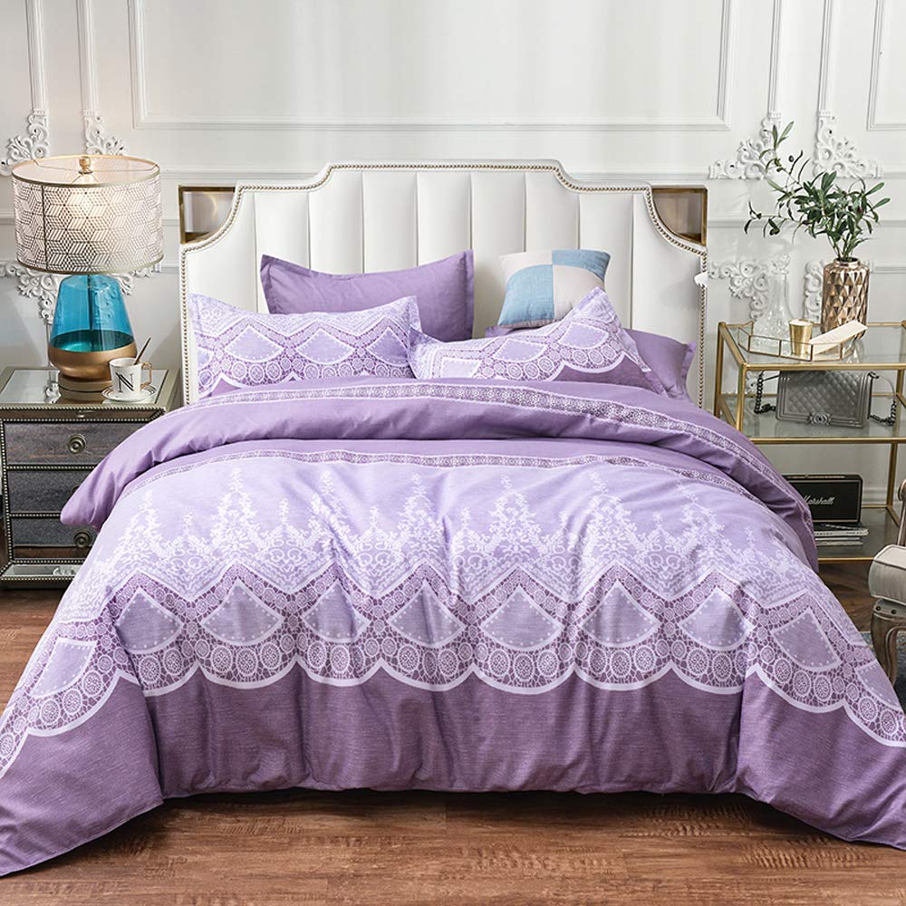 Loussiesd European Duvet Cover Set Single Size for Girls Embroidered Lace Bedding Set Decorative Gorgeous Microfiber Polyester Comforter Cover with 1 Pillow Shams,Purple, Zipper Cosure, Soft