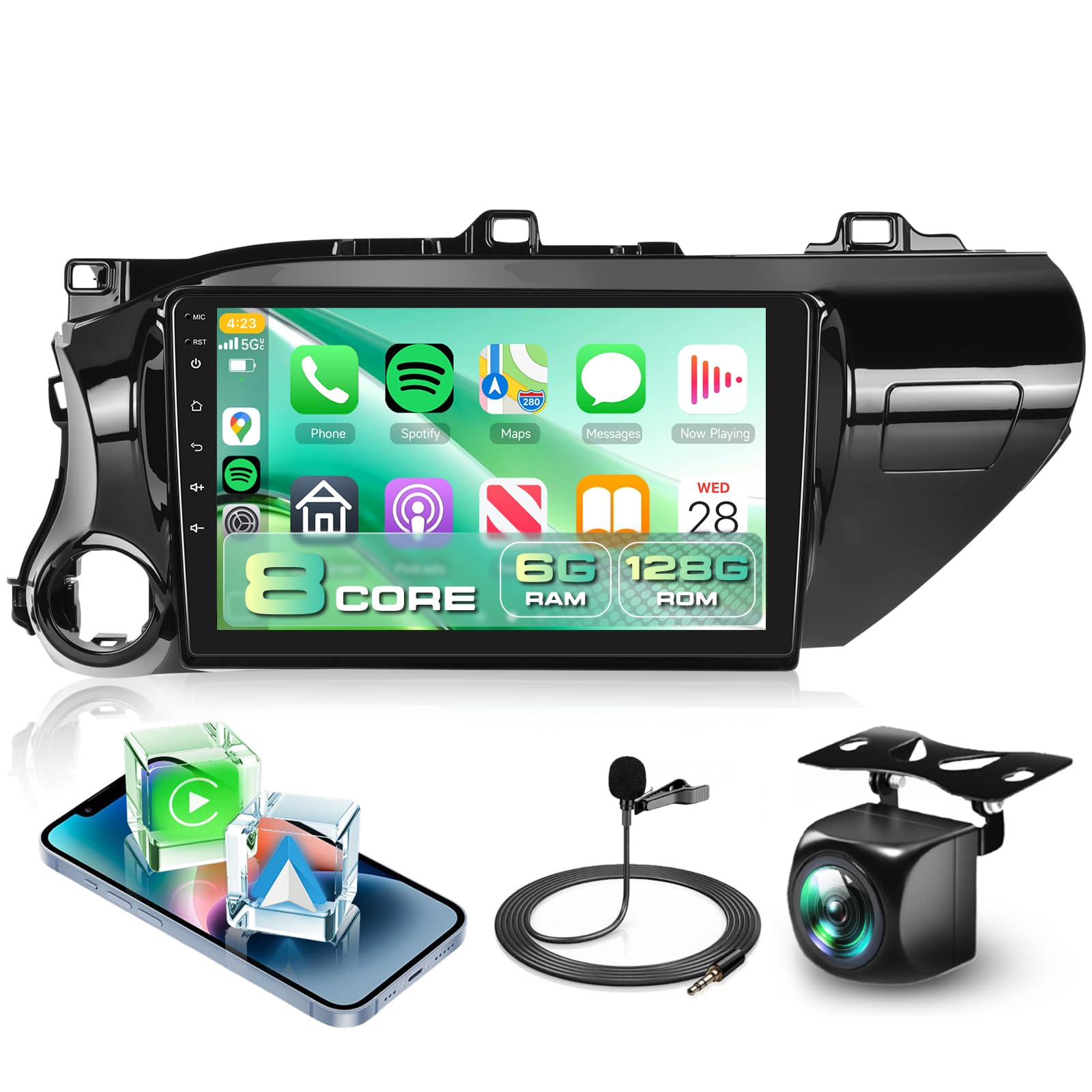 8 CORE 6G+128G Car Radio for Toyota Hilux 2015-2020 with Wireless CarPlay&Android Auto,10.1 Inch 1280*720P IPS Touch Screen Android 13 Car Stereo with GPS WiFi Bluetooth 32-Band DSP HD Backup Camera