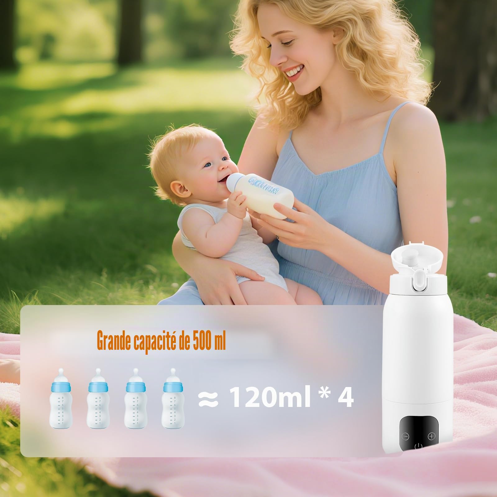Chauffe Biberon Portable sans fil 500ML, Chauffe Biberon de Voiture Température Réglable de 37°C a 70°C, Réchauffement Rapide et Contrôle Précis de la Température, Rechargeable Chauffe eau pour Bebe