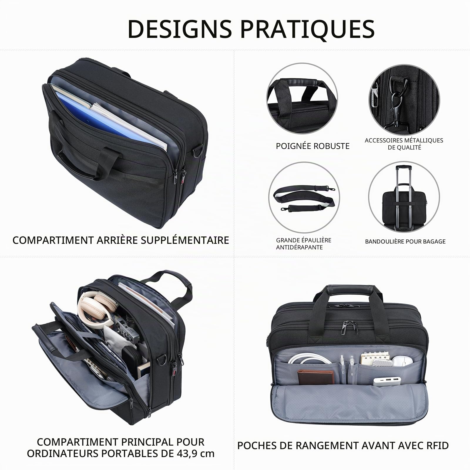 VANKEAN Mallette pour Ordinateur Portable pour Homme Femme, Convient Jusqu'à 17,3 Pouces pour Extensible de Supérieure pour Sac à Bandoulière Hydrofuge pour Voyage/Affaires/École,Noir