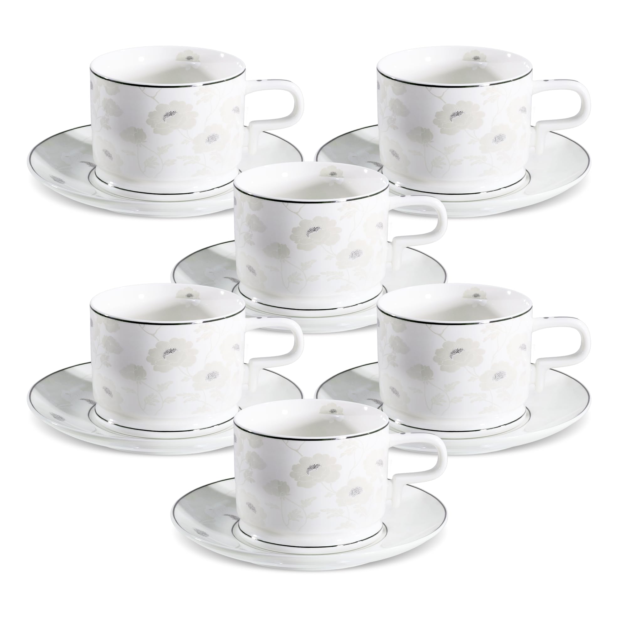 fanquare Srebrny zestaw filiżanek do herbaty z kwiatami i spodkami, zestaw 6 eleganckich brytyjskich filiżanek do kawy, porcelanowe filiżanki do herbaty, prezent na popołudniowe przyjęcie herbaciane