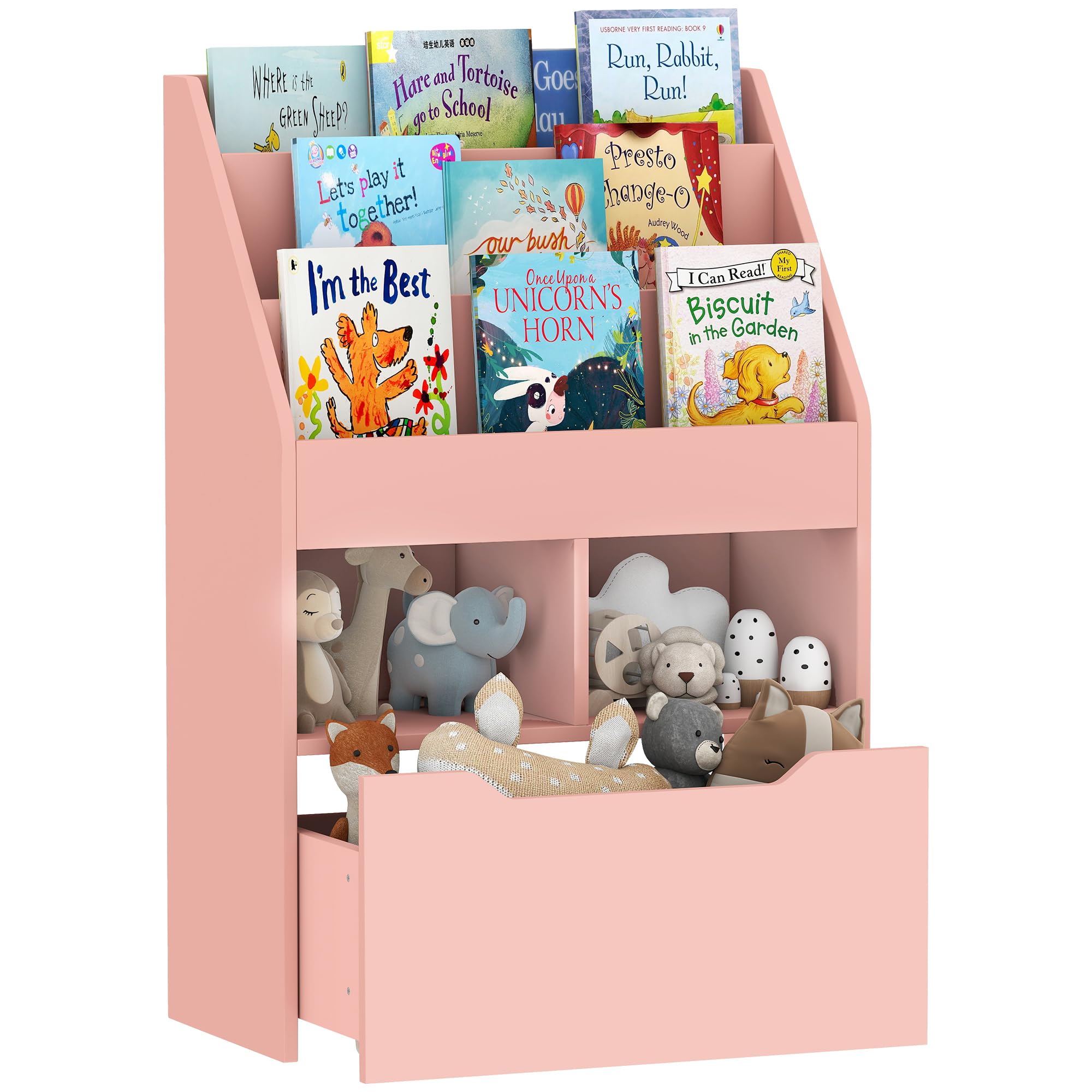 HOMCOM Kids Bookshelf Bookcase Multi-Shelf Rack Organizer with Storage Drawer for Books for Reading Nook, Classroom, Bedroom, Playroom, Pink