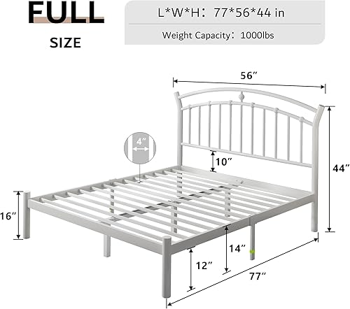 Miniatura 9 de iPormis Marco de cama de plataforma de metal de tamaño matrimonial con cabecera moderna de hierro artístico/soporte de listones de acero Negro